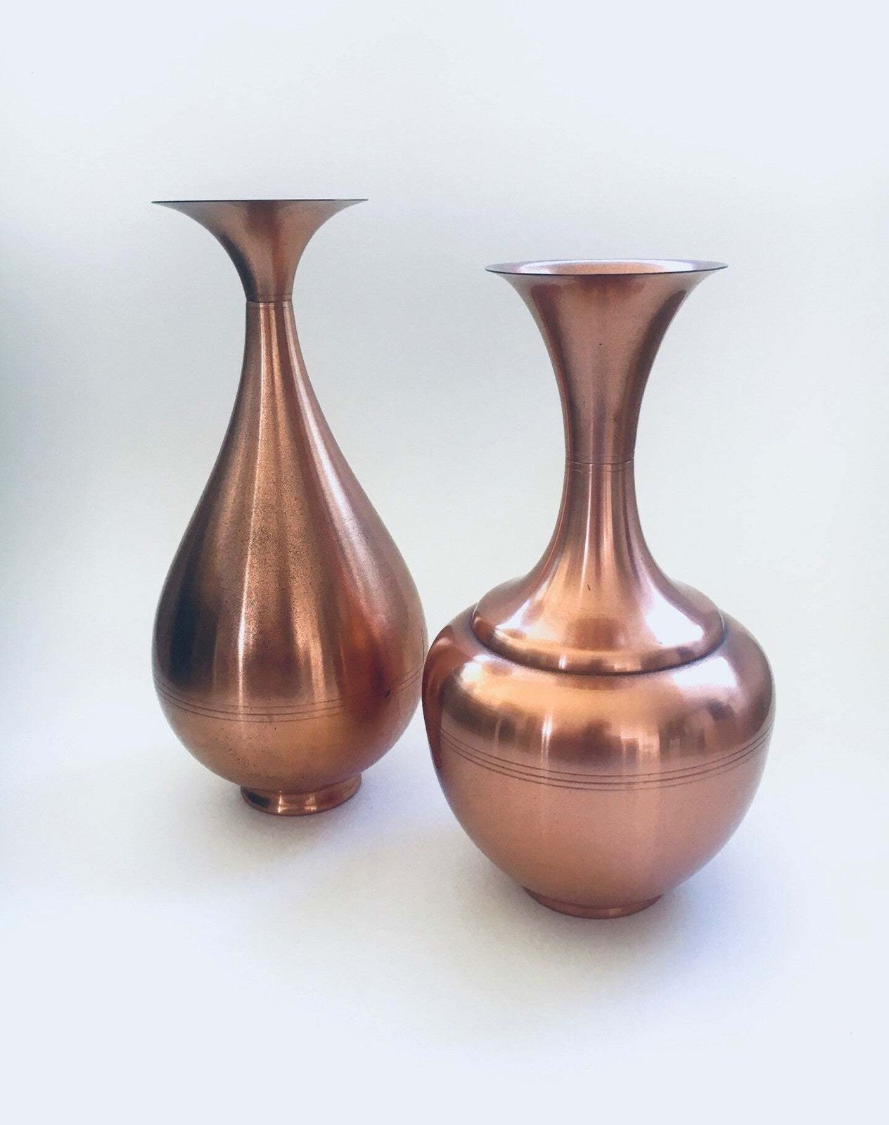 Copper Trumpet Vase Set By Ab Belgium 1940's