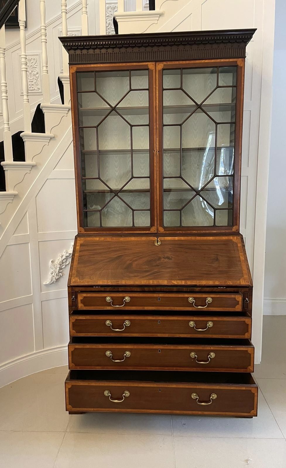 Outstanding Quality Antique Mahogany Inlaid Bureau Bookcase photo buy