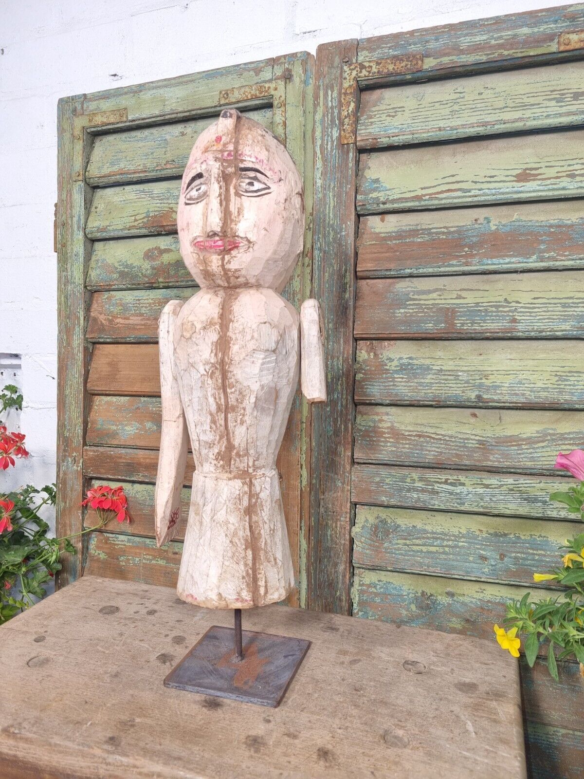 Antique Indian Hand Carved Wooden Painted Sculpture On Stand photo furniture
