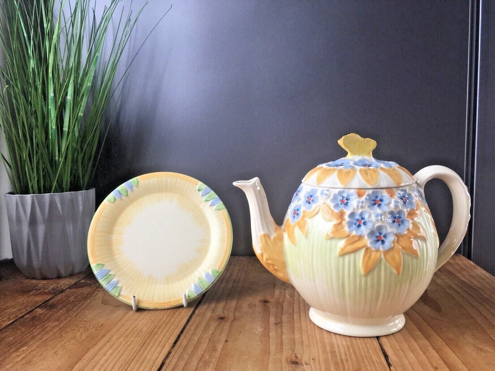 Art Deco Burleigh Ware Butterfly Floral Pattern Teapot & Trivet Stand Vintage