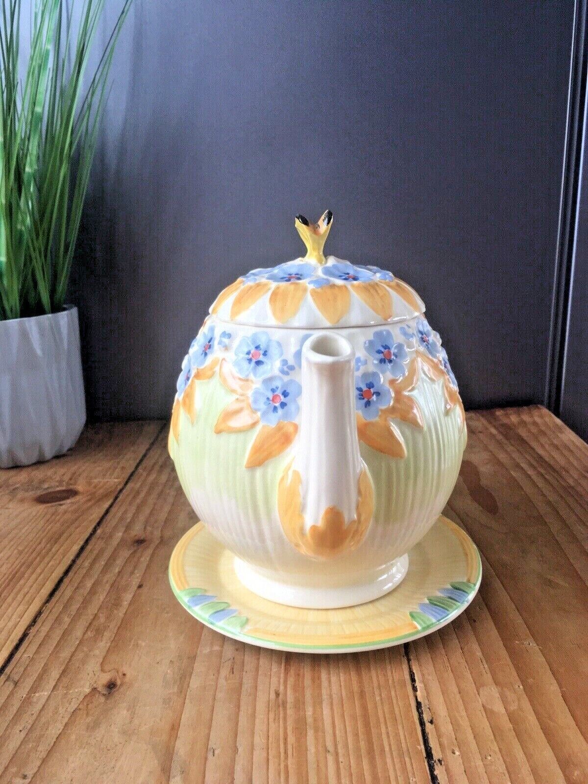 Art Deco Burleigh Ware Butterfly Floral Pattern Teapot & Trivet Stand Vintage photo vinterior