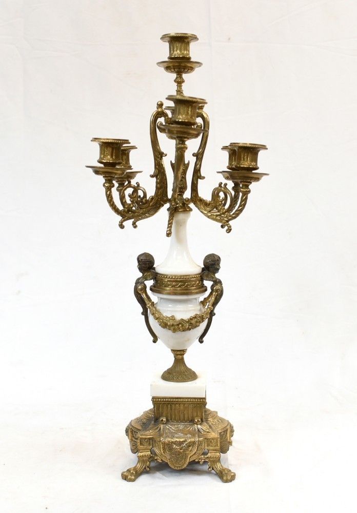 French Gilt Candelabra Marble Urn Cherub Candles