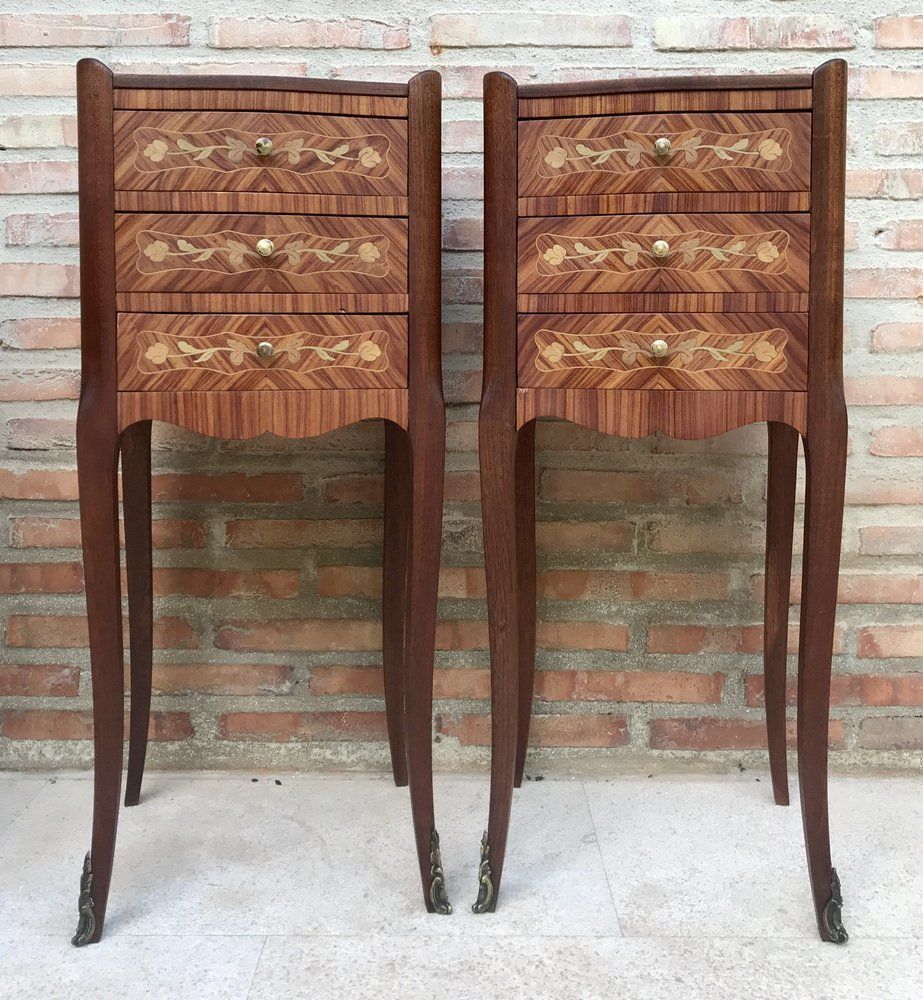 Early 20th Century French Bedside Tables In Marquetry & Bronze With Iron Details, Set Of 2