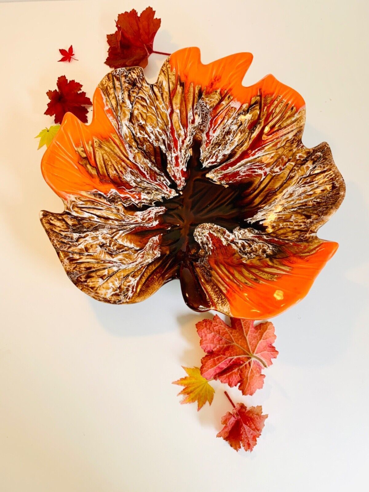 Home Decor Vintage Vallauris Mid Century Red Brown Lava High Glazed Leaf Shaped Bowl French photo