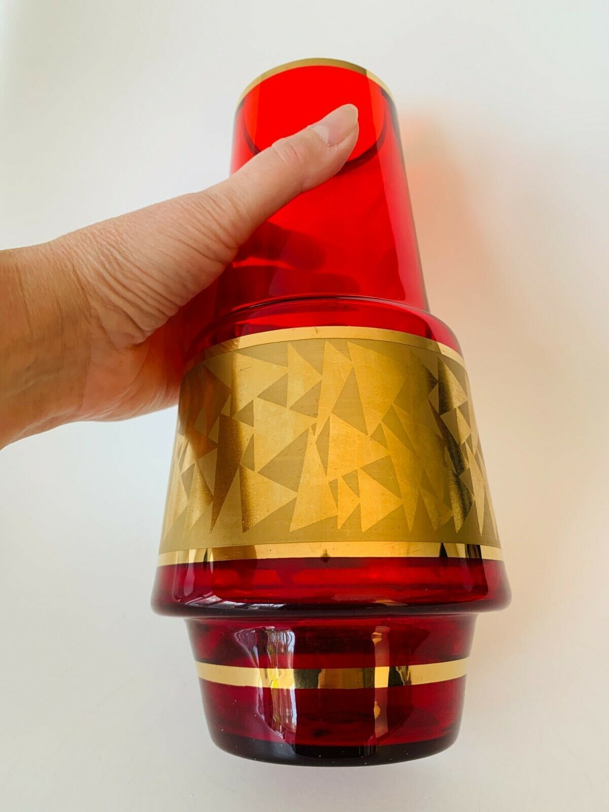 photo furniture Mid Century Czech Jan Gabrhel Gilt Ruby Coloured Glass Vase 1960s