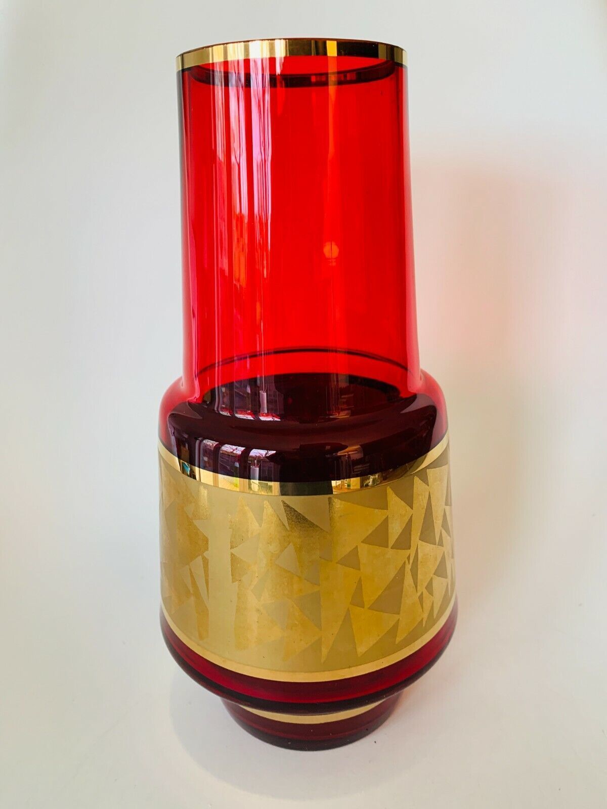 photo for sale Mid Century Czech Jan Gabrhel Gilt Ruby Coloured Glass Vase 1960s