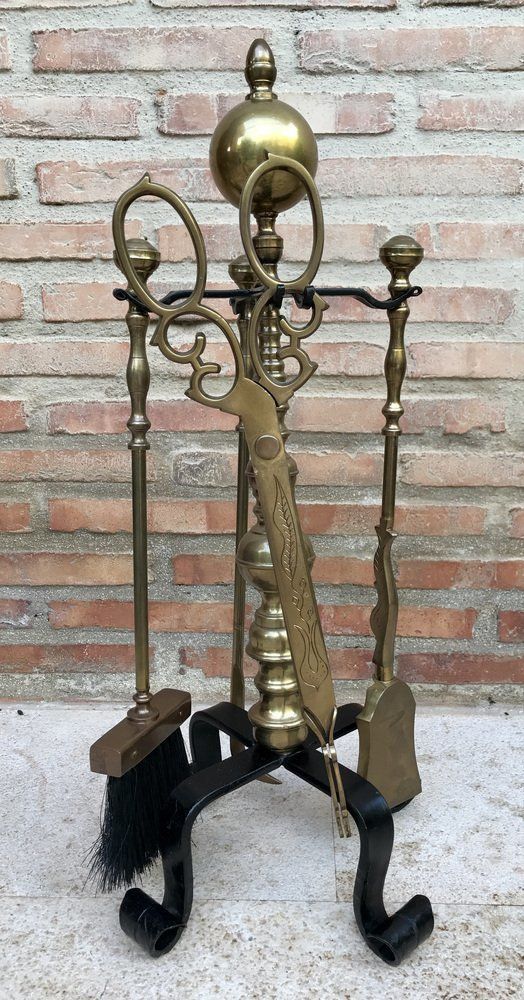 French Neoclassical Style Brass Fireplace Tools, 1970s, Set Of 5