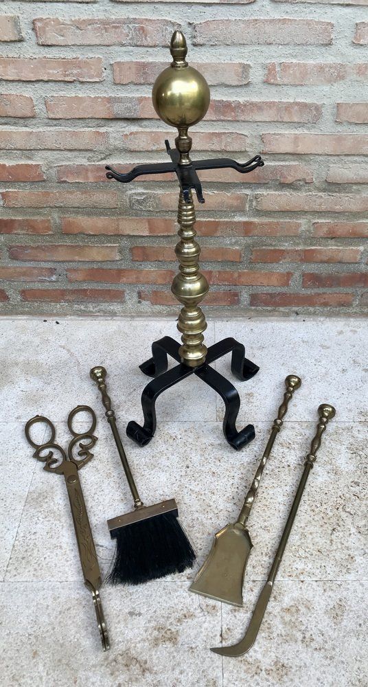 French Neoclassical Style Brass Fireplace Tools, 1970s, Set Of 5 photo Home Fixtures