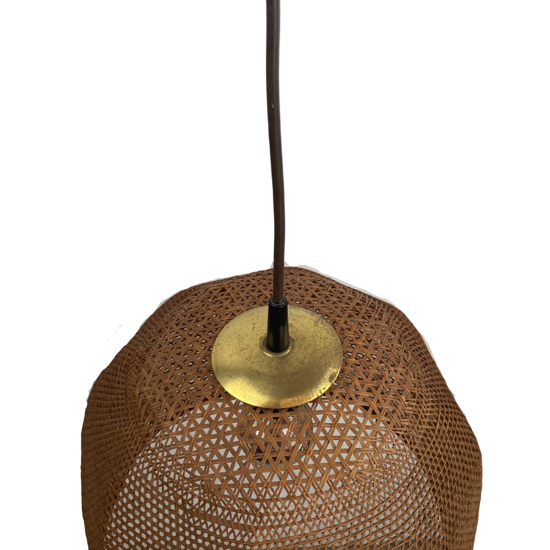 Lighting Rattan Wicker Webbing Beehive Pedant Hanging Lamp With Brass, Dutch 1960s photo