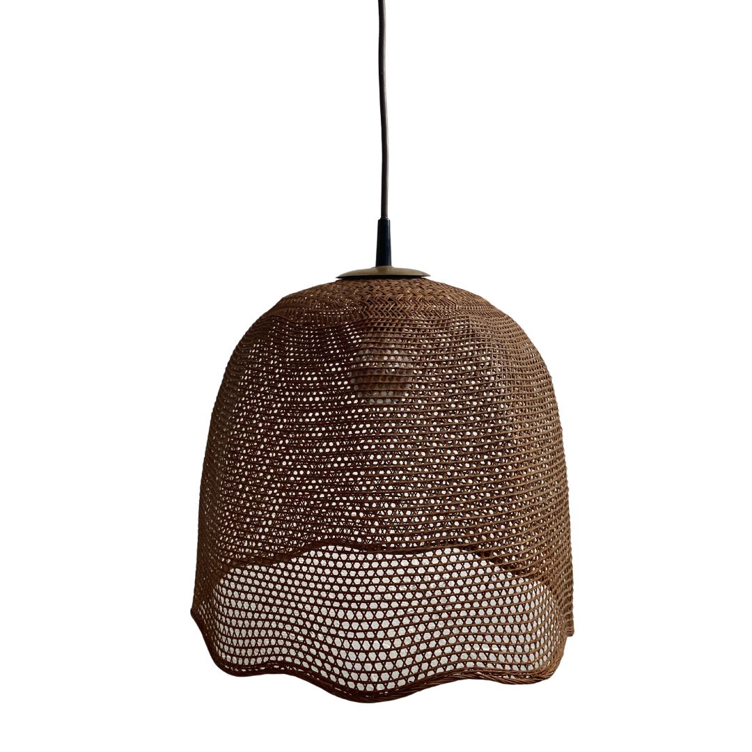 photo vinterior Rattan Wicker Webbing Beehive Pedant Hanging Lamp With Brass, Dutch 1960s