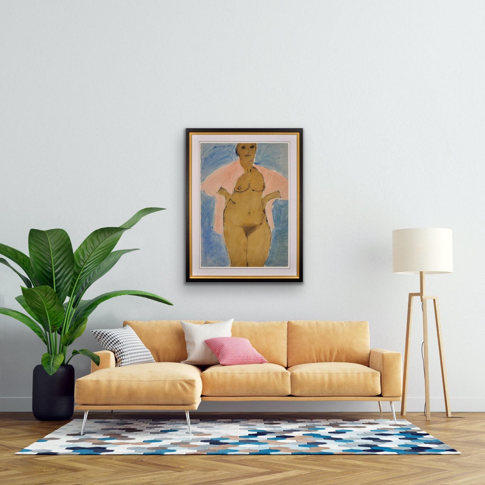 John Emanuel 1930 To 2024. I Can’t Stay Away From You. 1980s Female Nude. Framed Watercolour Painting. A Mature Lady Wearing An Open Pink Shirt. photo vintage
