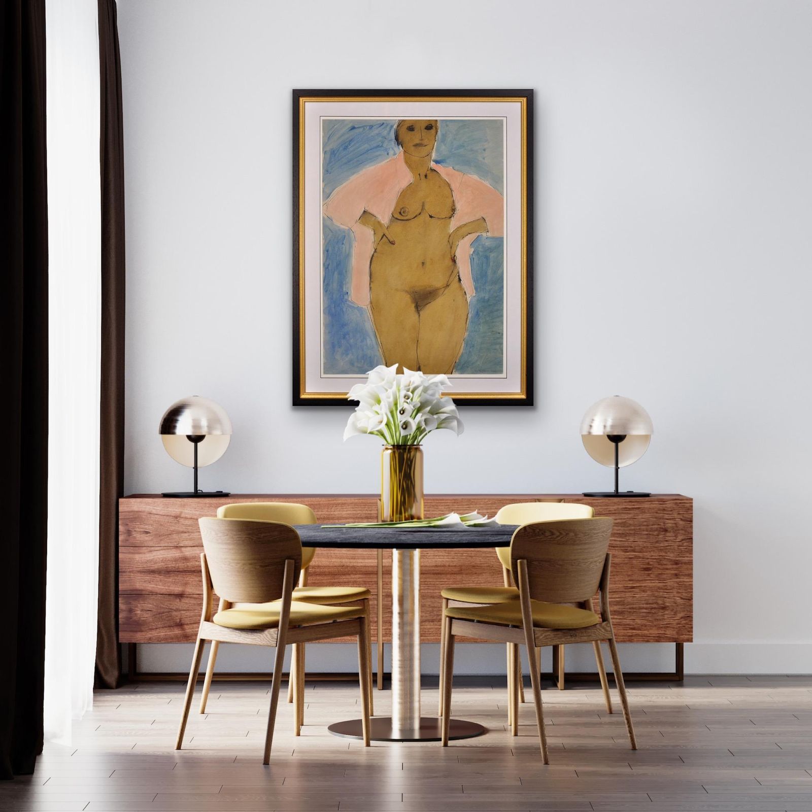 photo for sale John Emanuel 1930 To 2024. I Can’t Stay Away From You. 1980s Female Nude. Framed Watercolour Painting. A Mature Lady Wearing An Open Pink Shirt.