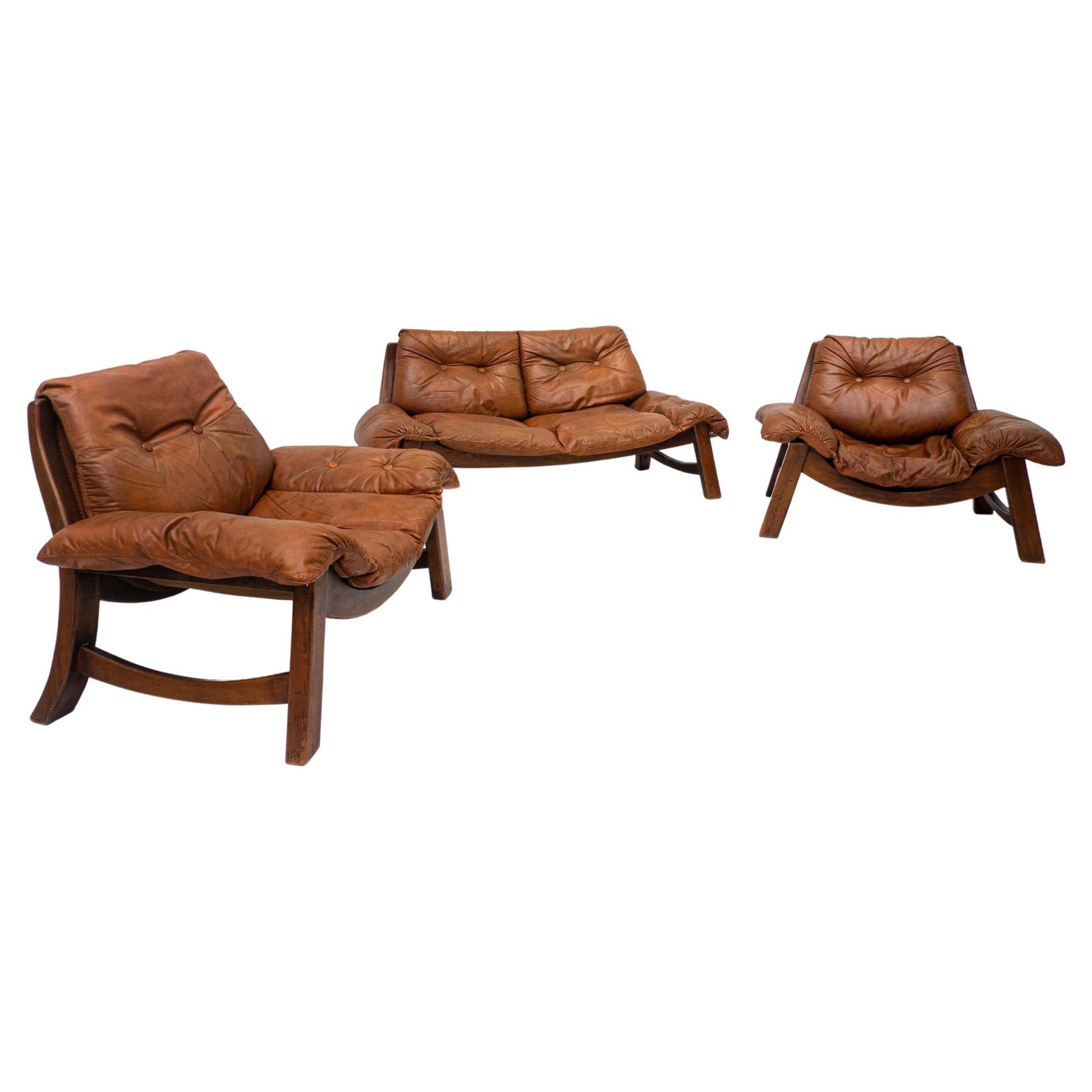 Mid Century Living Room Set, Original Cognac Leather, Brazilian Style, 1960s