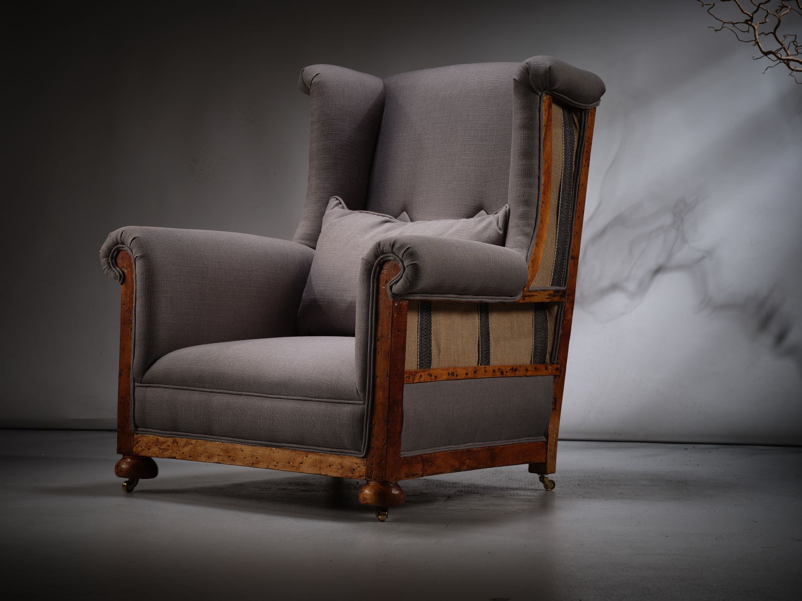 Quirky Deconstructed Oak Victorian Armchair In Grey Linen With Exposed Frame, Circa 1920’s photo furniture
