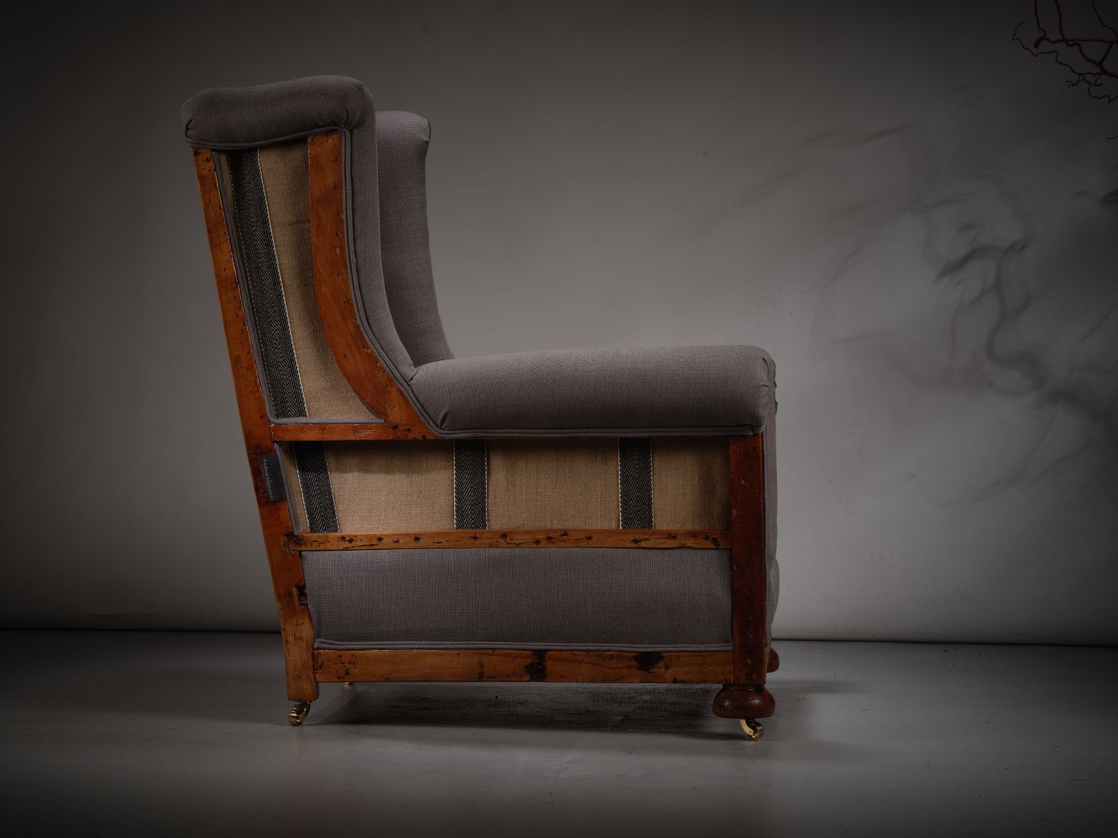Quirky Deconstructed Oak Victorian Armchair In Grey Linen With Exposed Frame, Circa 1920’s photo 2795.0
