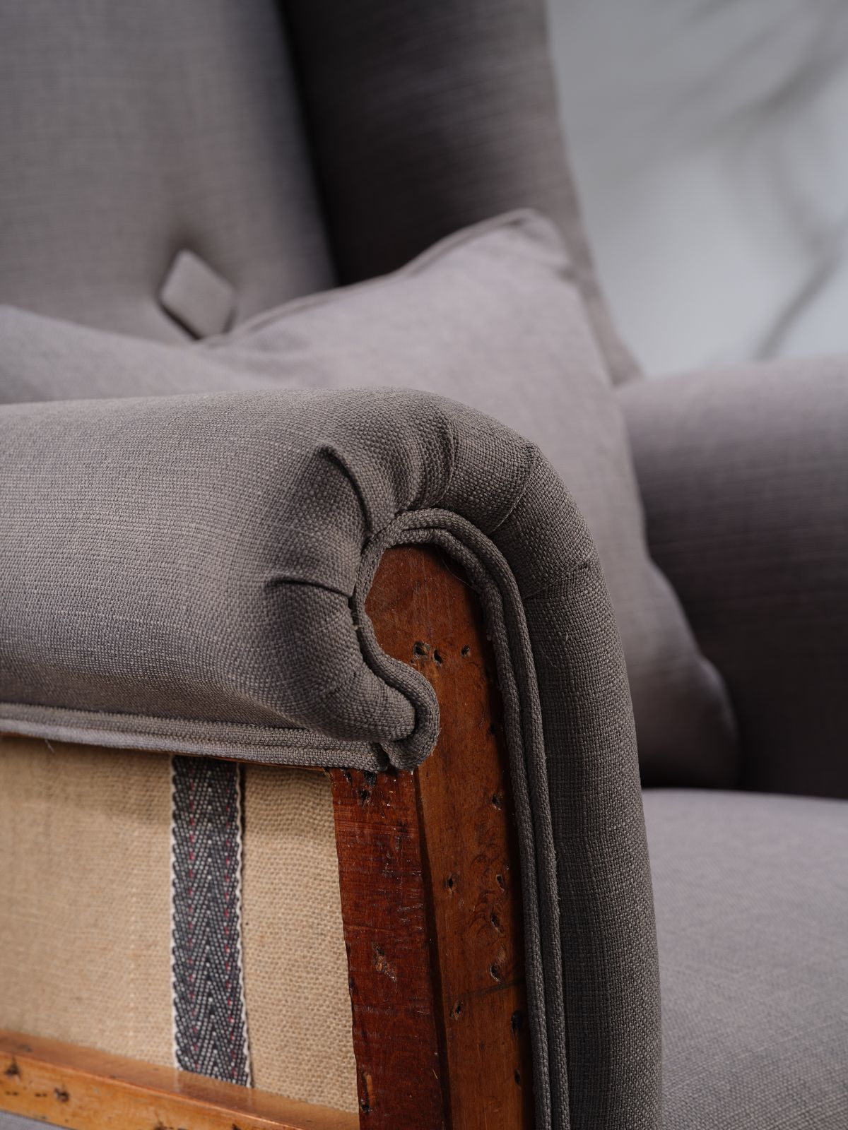 Quirky Deconstructed Oak Victorian Armchair In Grey Linen With Exposed Frame, Circa 1920’s photo vinterior