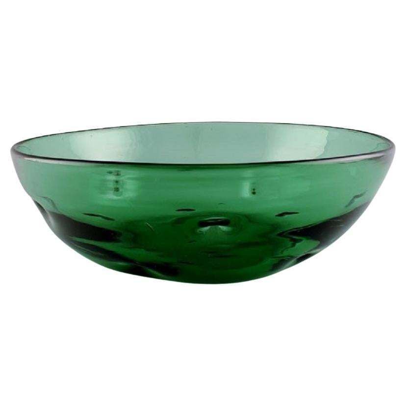 Scandinavian Glass Artist. Unique Bowl In Green Mouth Blown Art Glass.