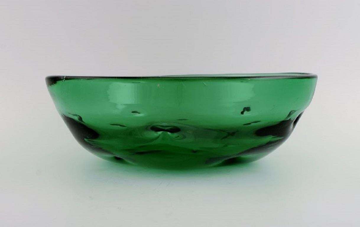 Scandinavian Glass Artist. Unique Bowl In Green Mouth Blown Art Glass. photo for sale