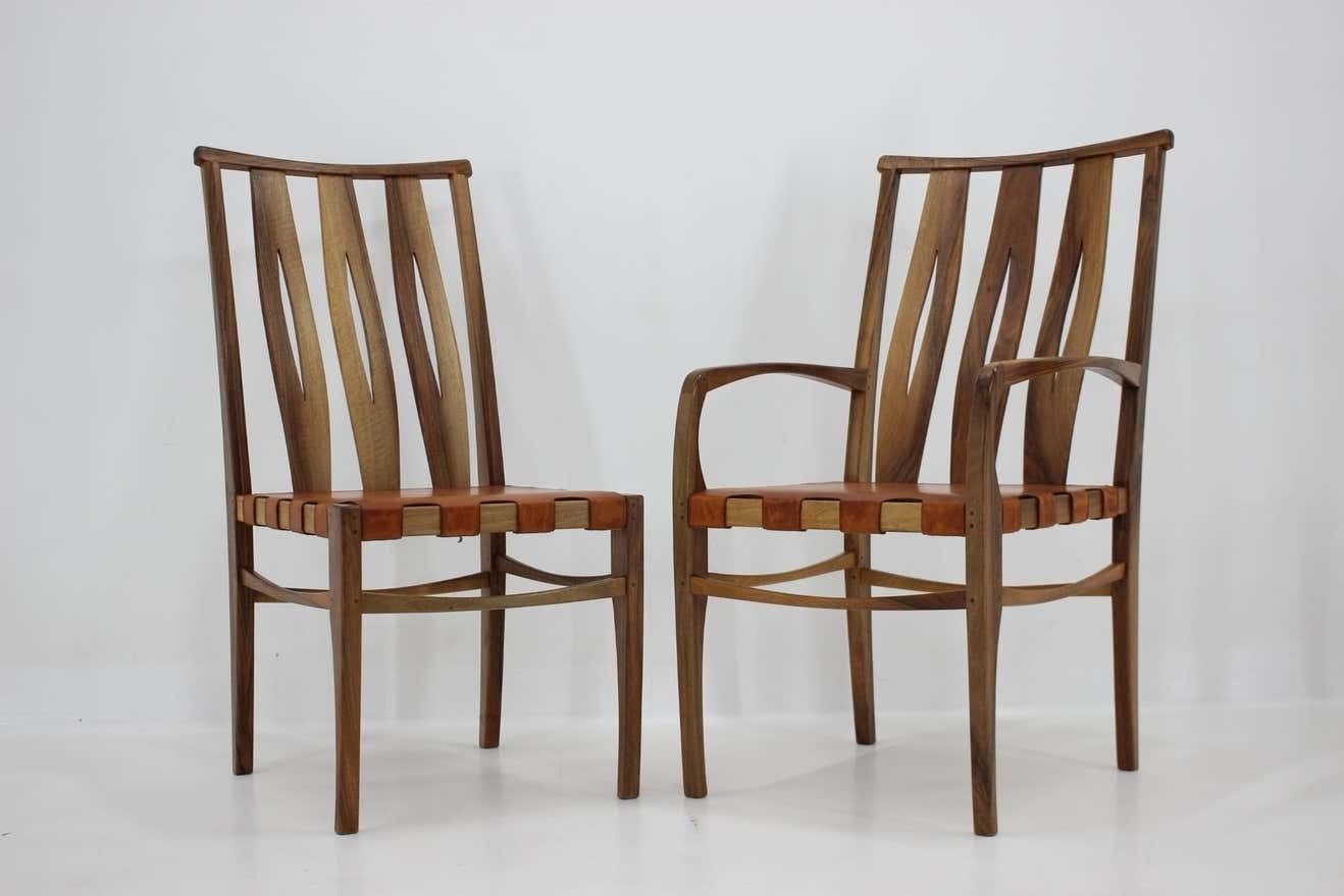 2001 One Of A Kind Custom Made Set Of Walnut And Leather Dining Chairs, Set Of 6 photo Furniture