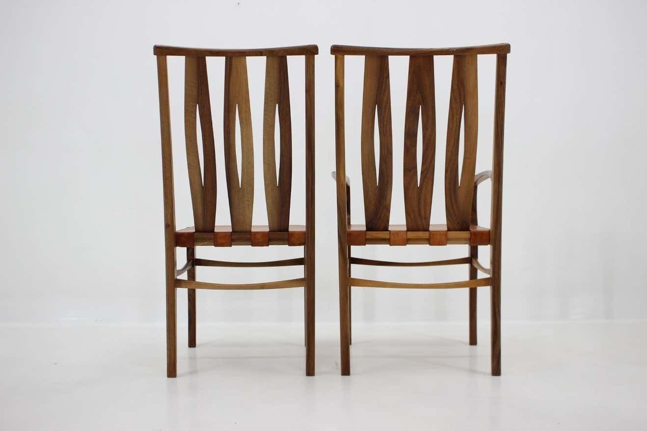 2001 One Of A Kind Custom Made Set Of Walnut And Leather Dining Chairs, Set Of 6 photo vintage