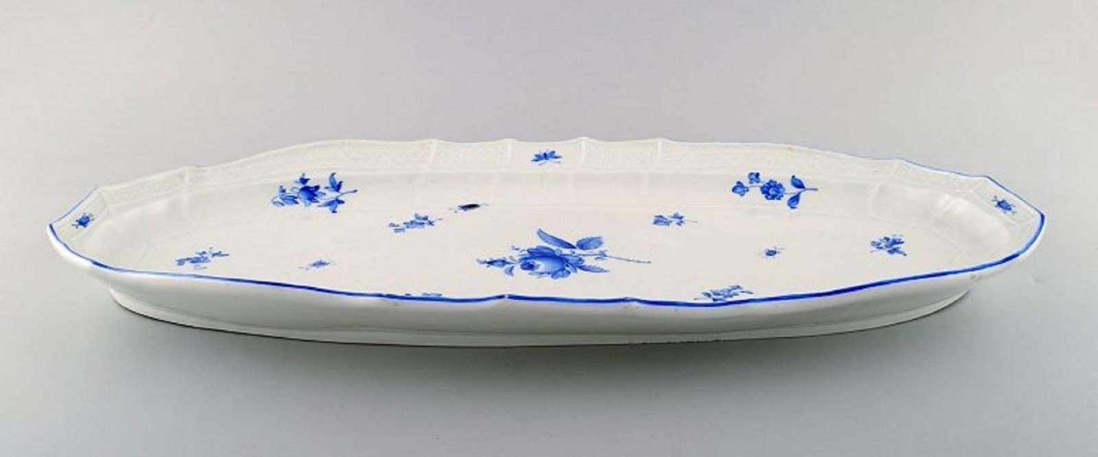 Meissen Large Fish Dish In Porcelain Hand Painted With Blue Roses And Beetles