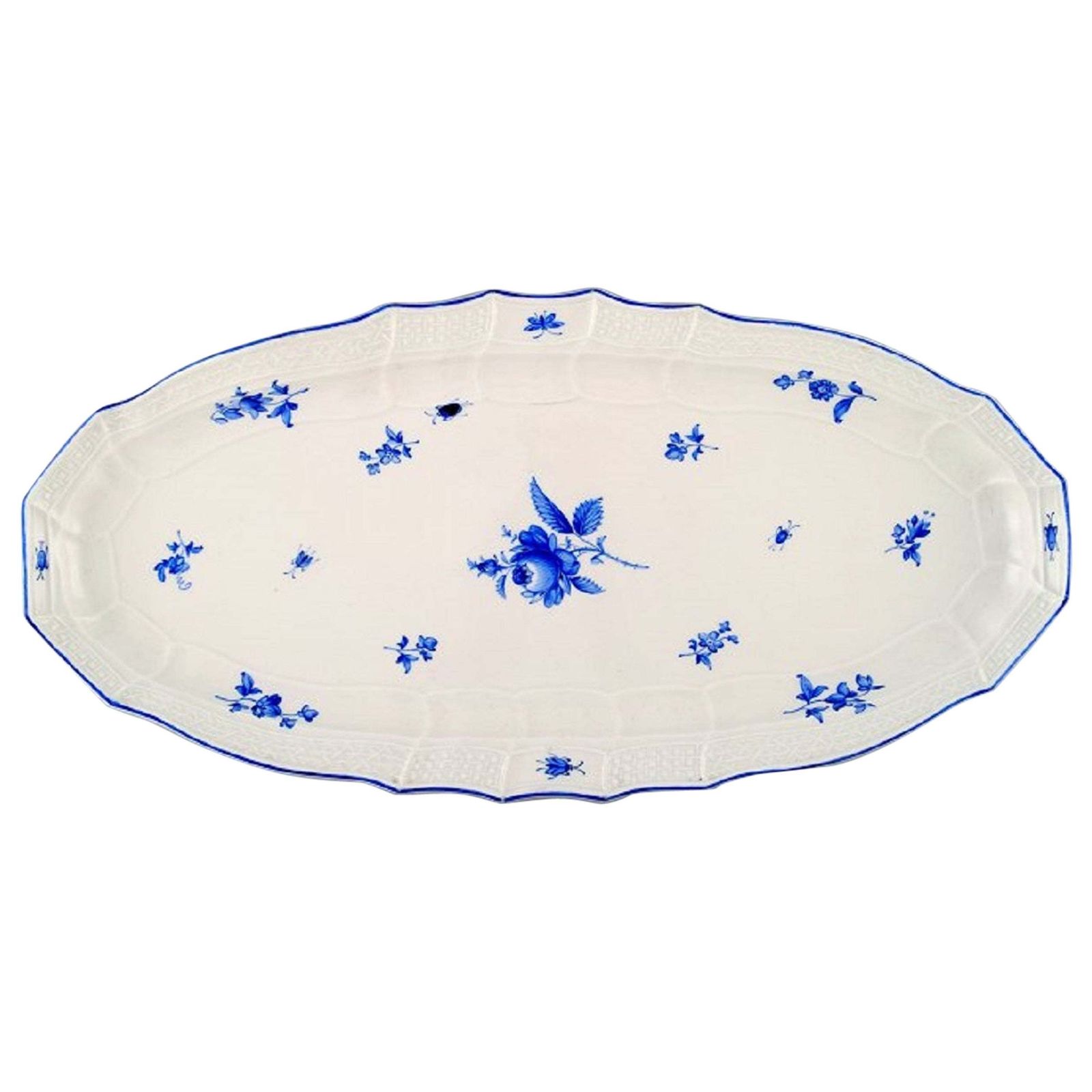 Meissen Large Fish Dish In Porcelain Hand Painted With Blue Roses And Beetles photo Home Decor
