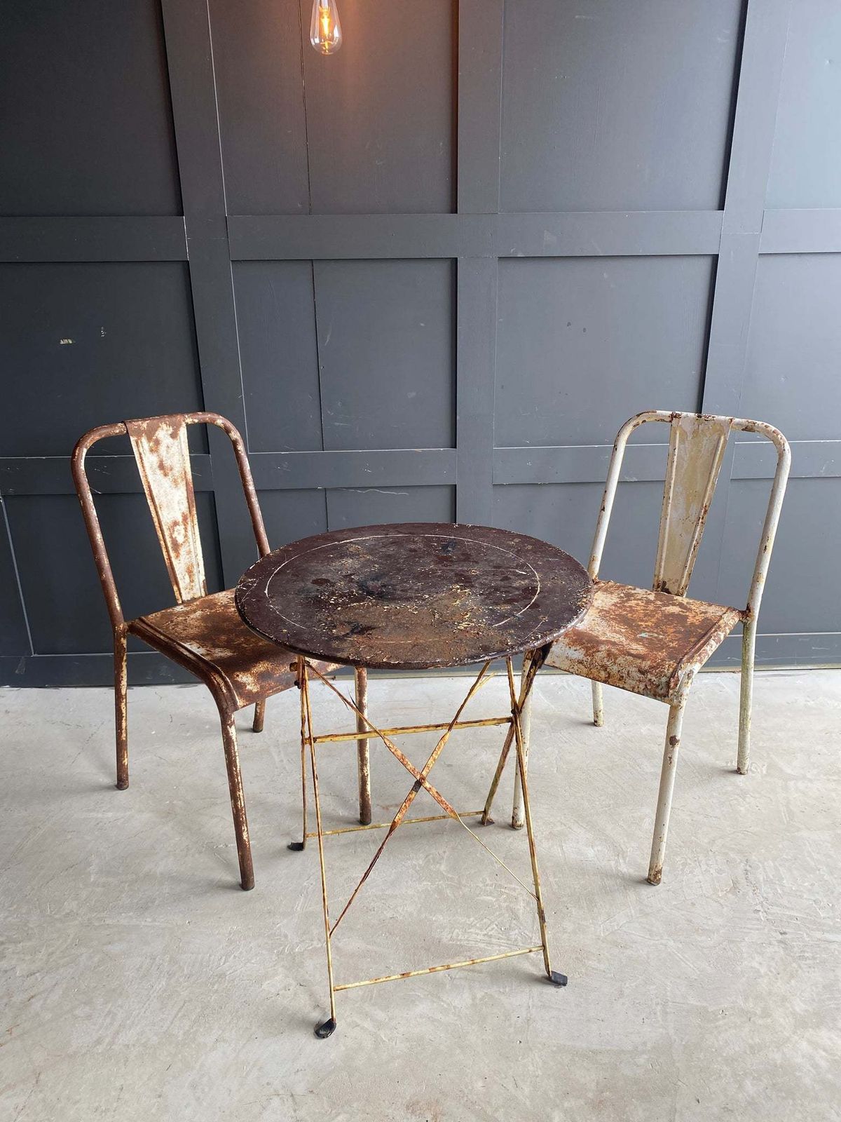 French Table And 2 Tolix Metal Chairs photo vintage