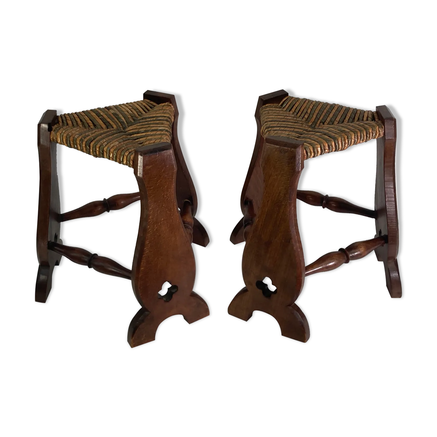 Pair Of Brutalist Neo Gothic Rush Oak Tripod Stools, France Ca 1960s