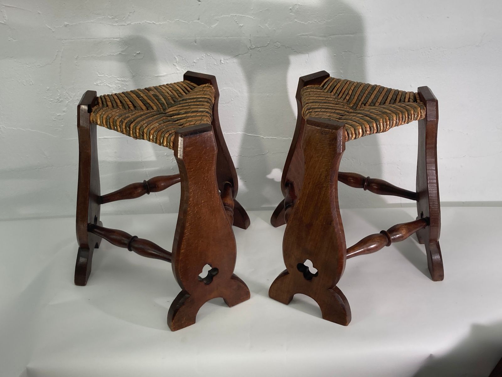 Pair Of Brutalist Neo Gothic Rush Oak Tripod Stools, France Ca 1960s photo Furniture