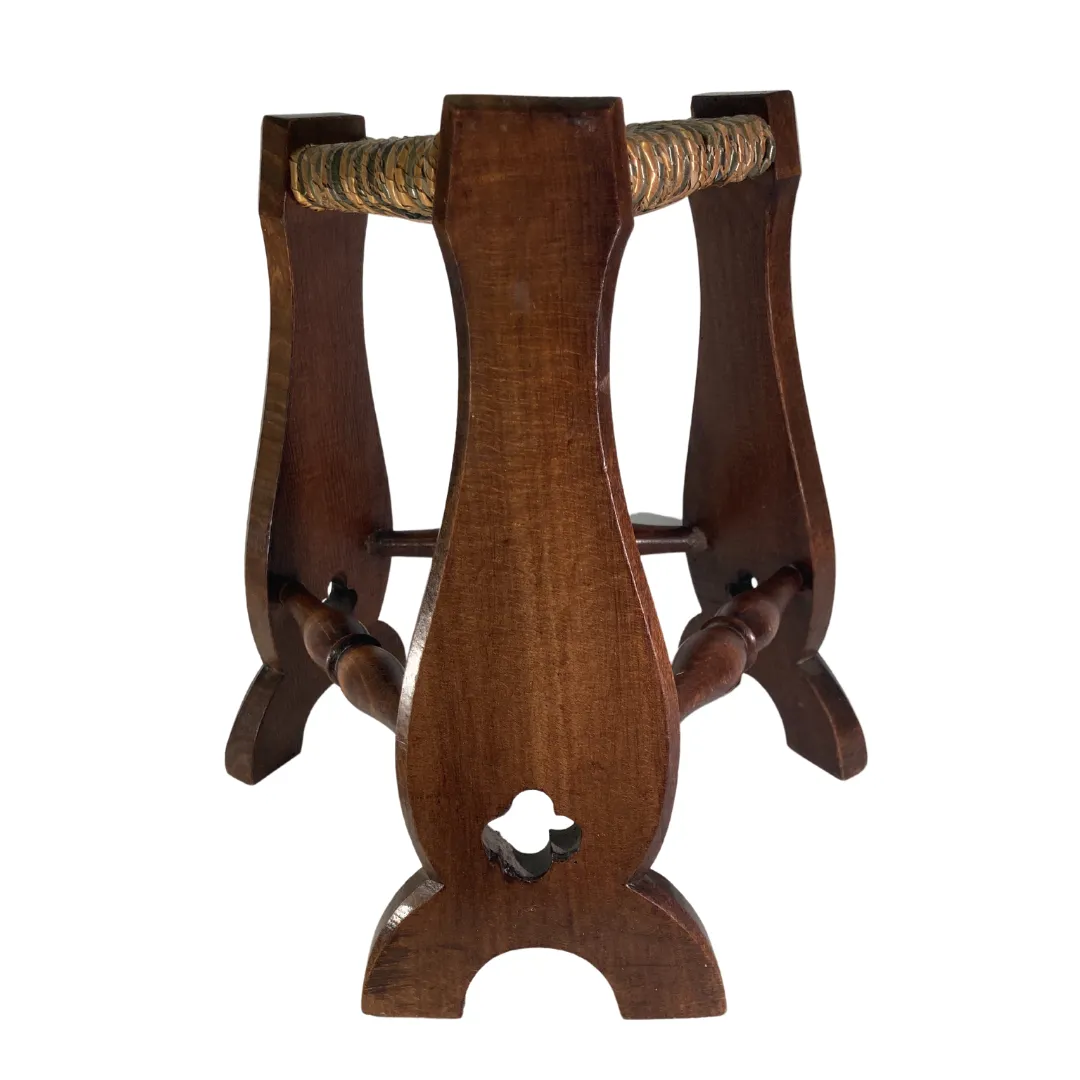 Pair Of Brutalist Neo Gothic Rush Oak Tripod Stools, France Ca 1960s photo vinterior