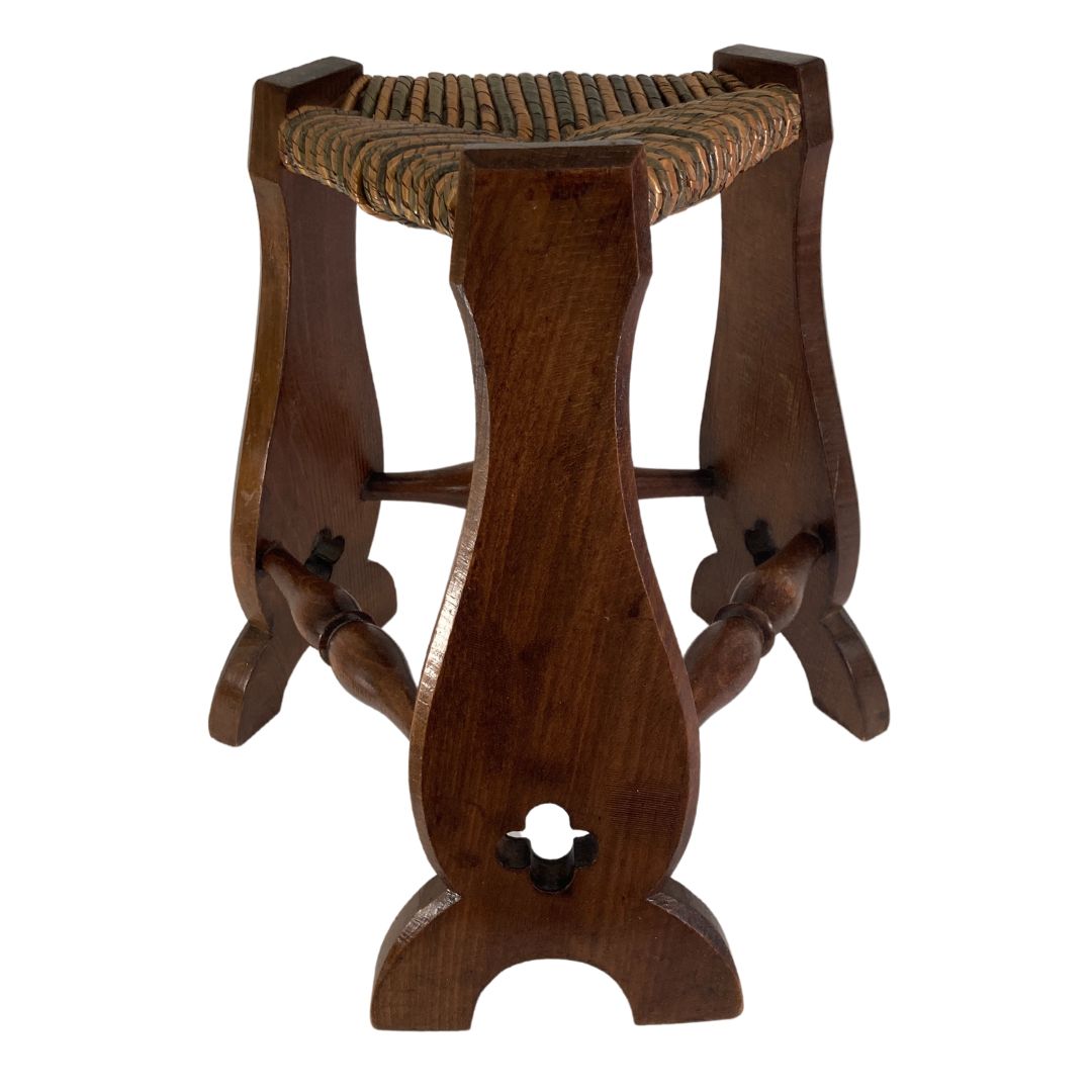 Pair Of Brutalist Neo Gothic Rush Oak Tripod Stools, France Ca 1960s photo vintage