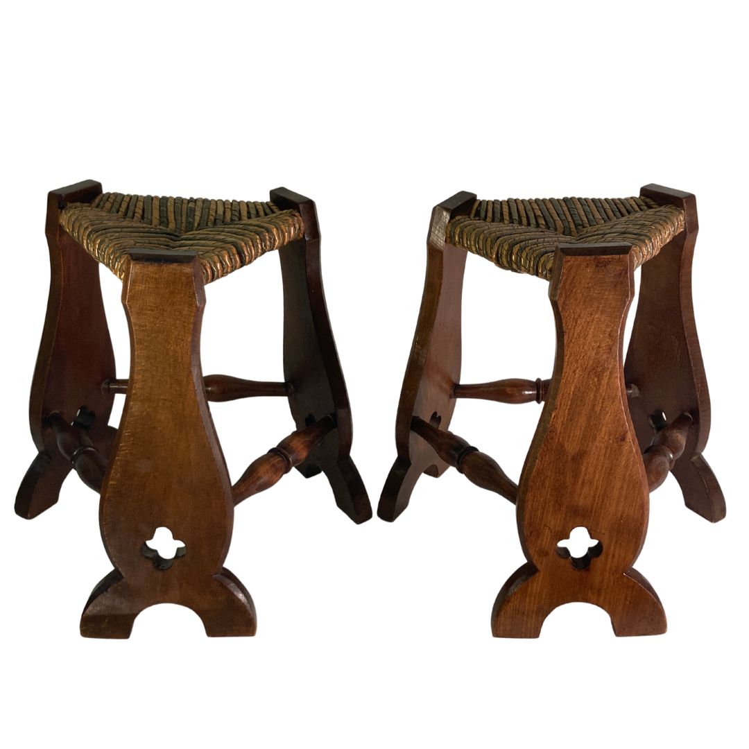 Furniture Pair Of Brutalist Neo Gothic Rush Oak Tripod Stools, France Ca 1960s photo