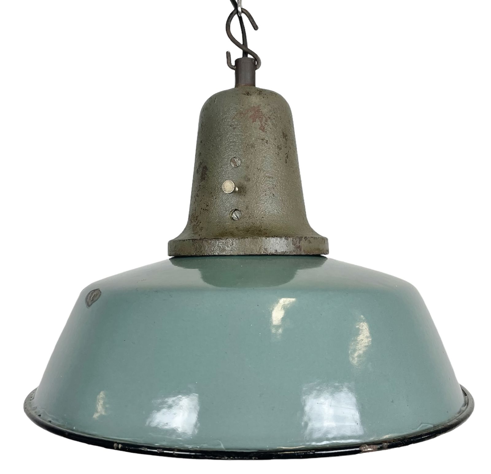 Industrial Petrol Enamel Factory Lamp With Cast Iron Top, 1960s