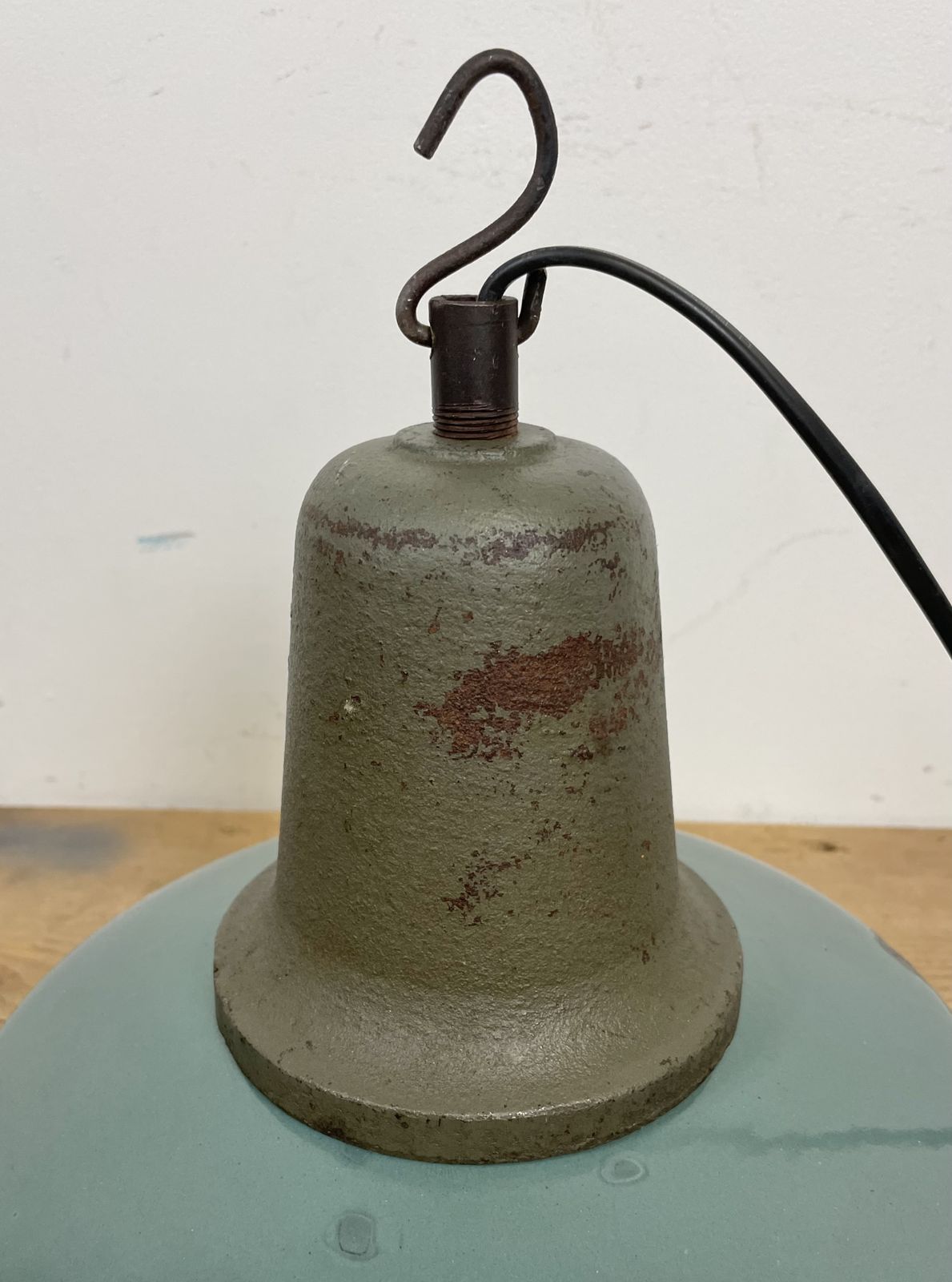 219.0 Industrial Petrol Enamel Factory Lamp With Cast Iron Top, 1960s photo