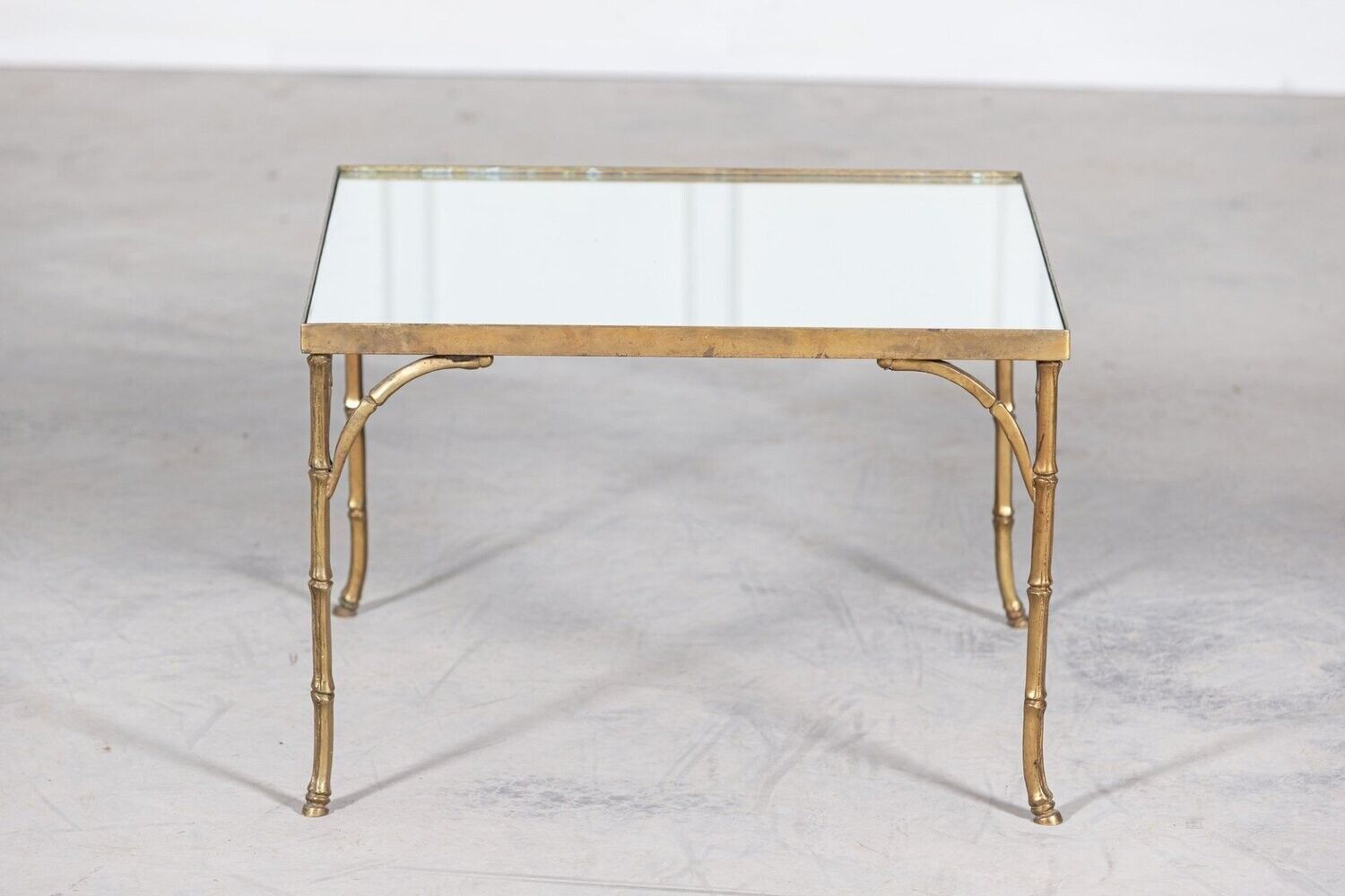 French Mid Century Gilt Bronze Faux Bamboo Mirror Top Side Table photo vinterior