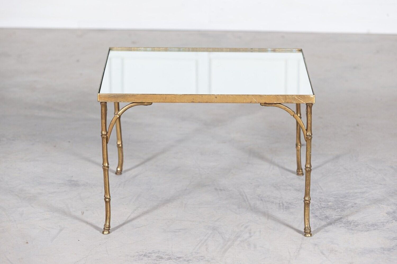photo furniture French Mid Century Gilt Bronze Faux Bamboo Mirror Top Side Table