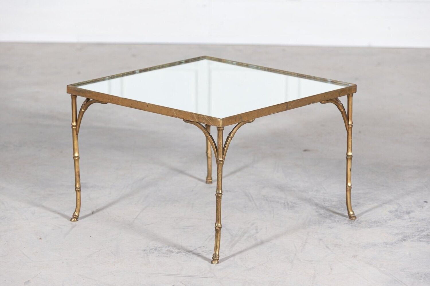 photo for sale French Mid Century Gilt Bronze Faux Bamboo Mirror Top Side Table