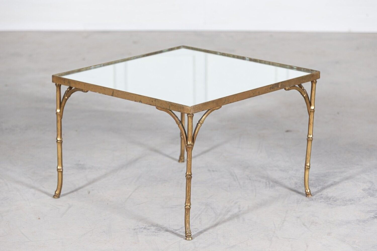 Furniture French Mid Century Gilt Bronze Faux Bamboo Mirror Top Side Table photo
