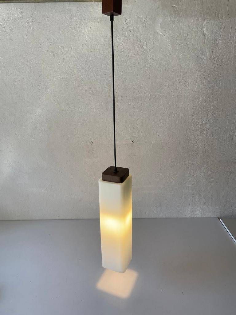Italian Modern Square Prism Opal Glass And Wood Top Pendant Lamp, 1960s, Italy photo for sale