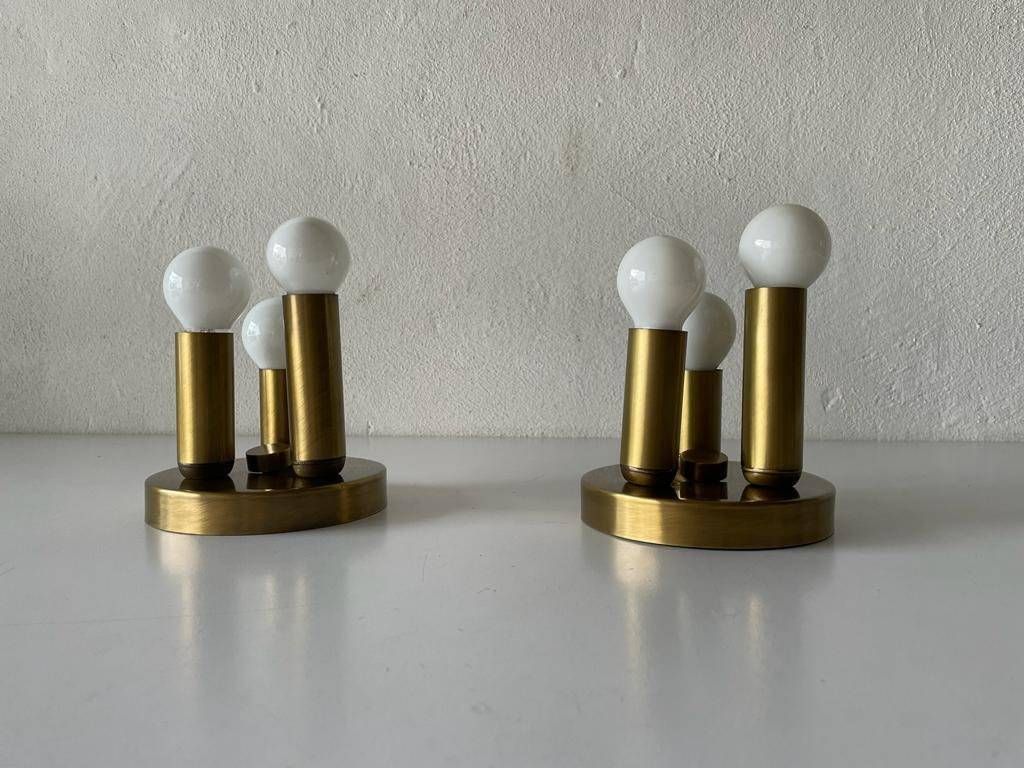 Rare Space Age Antique Gold Metal Triple Tube Mini Pair Of Ceiling Lamps By Tz, 1960s, Germany photo for sale