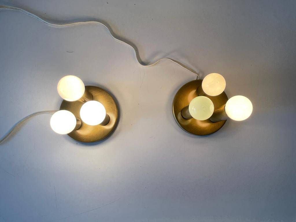 Rare Space Age Antique Gold Metal Triple Tube Mini Pair Of Ceiling Lamps By Tz, 1960s, Germany photo vinterior