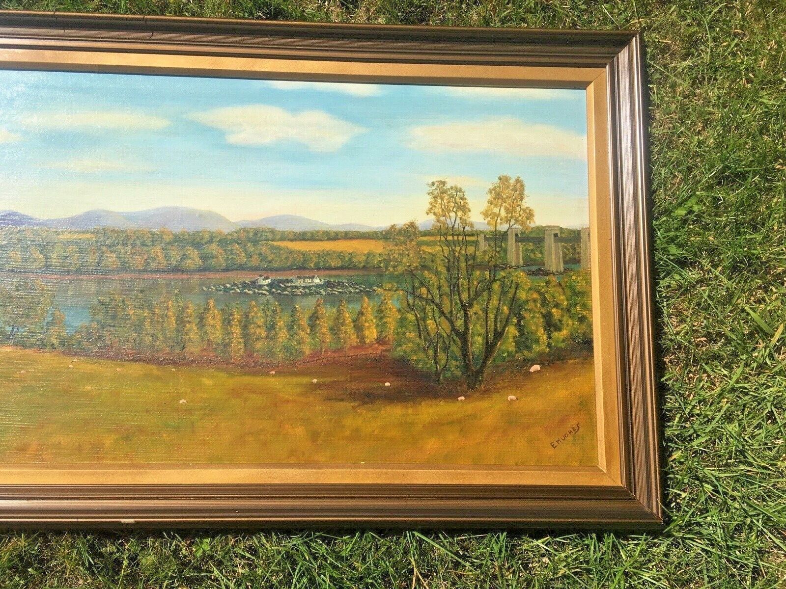 Huge 4ft Original Framed Oil Painting Menai Britannia Bridge Anglesey Snowdonia photo vinterior