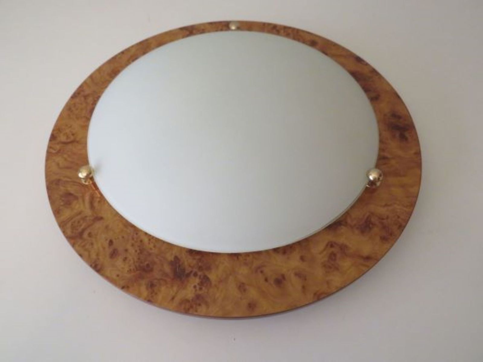photo for sale Vintage Ceiling Lamp, Glass And Faux Burlwood, Spain 1970