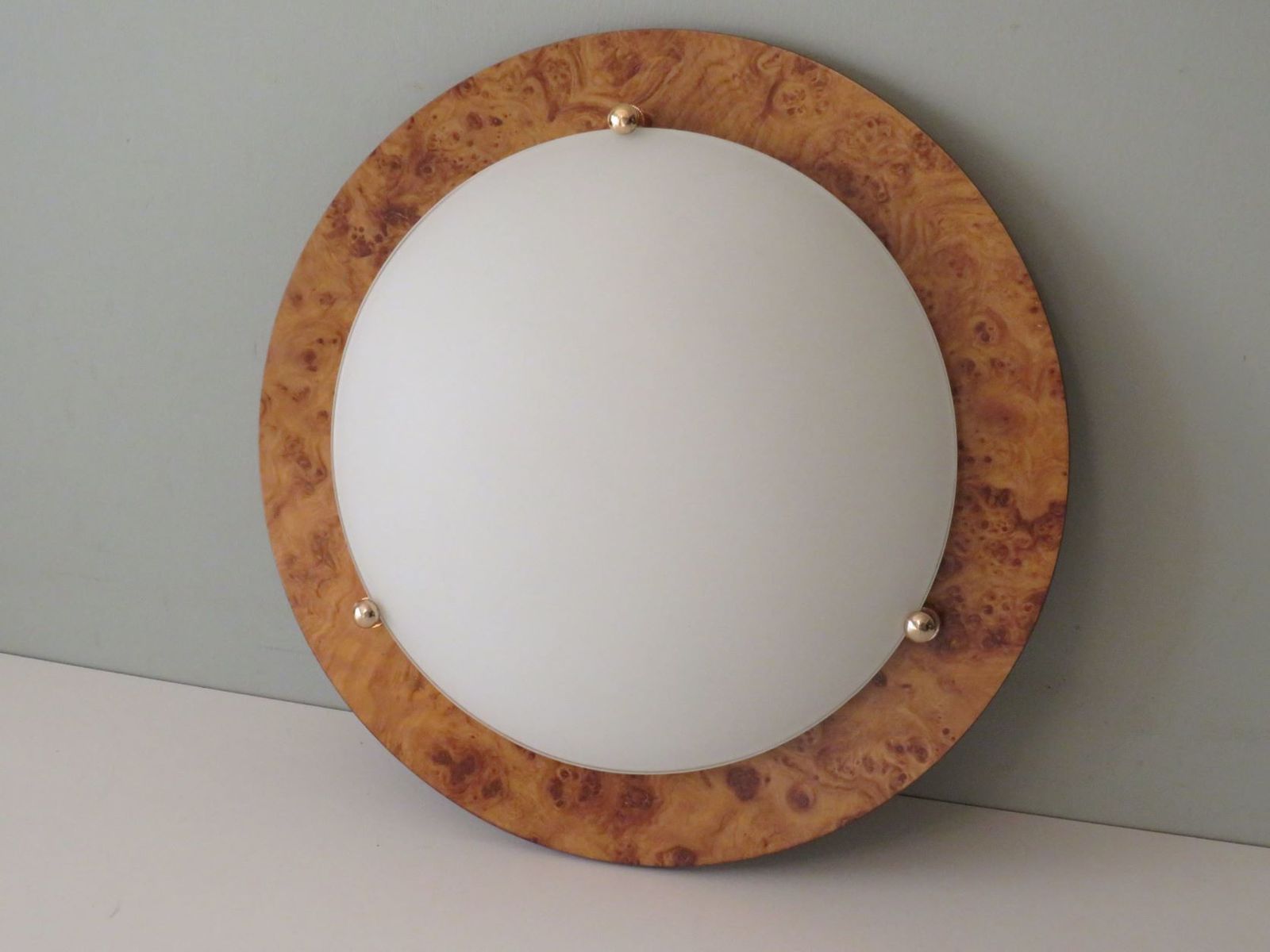 Lighting Vintage Ceiling Lamp, Glass And Faux Burlwood, Spain 1970 photo