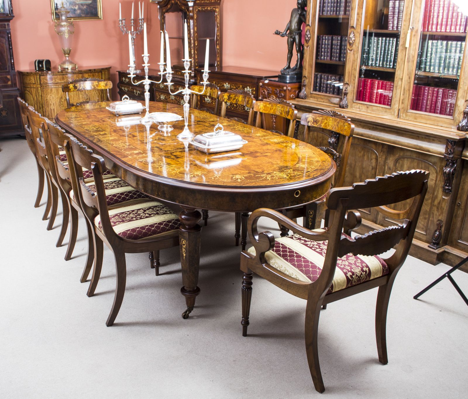Stunning Burr Walnut Marquetry Dining Table 10 Chairs photo for sale