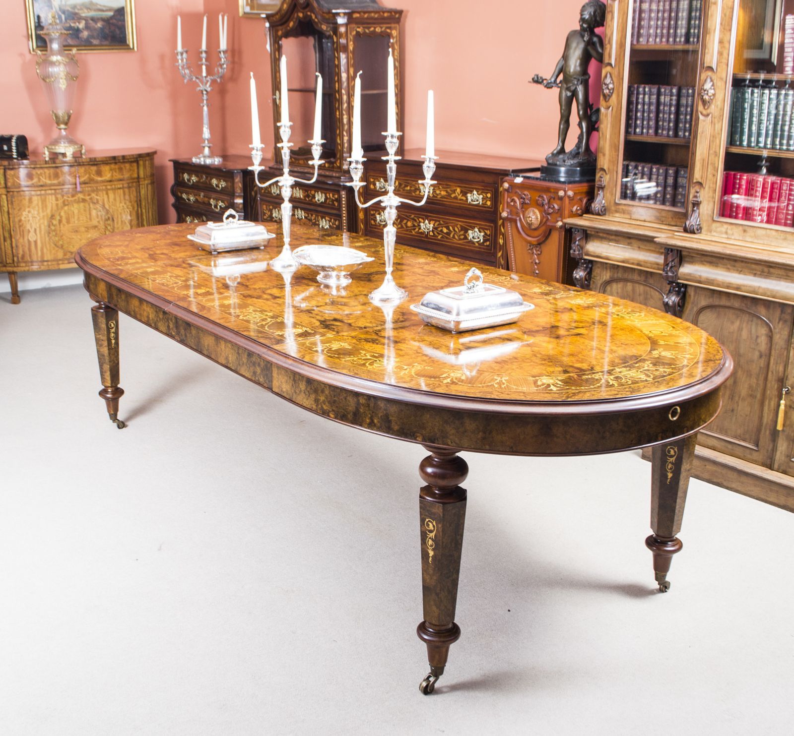 Stunning Burr Walnut Marquetry Dining Table 10 Chairs photo Furniture