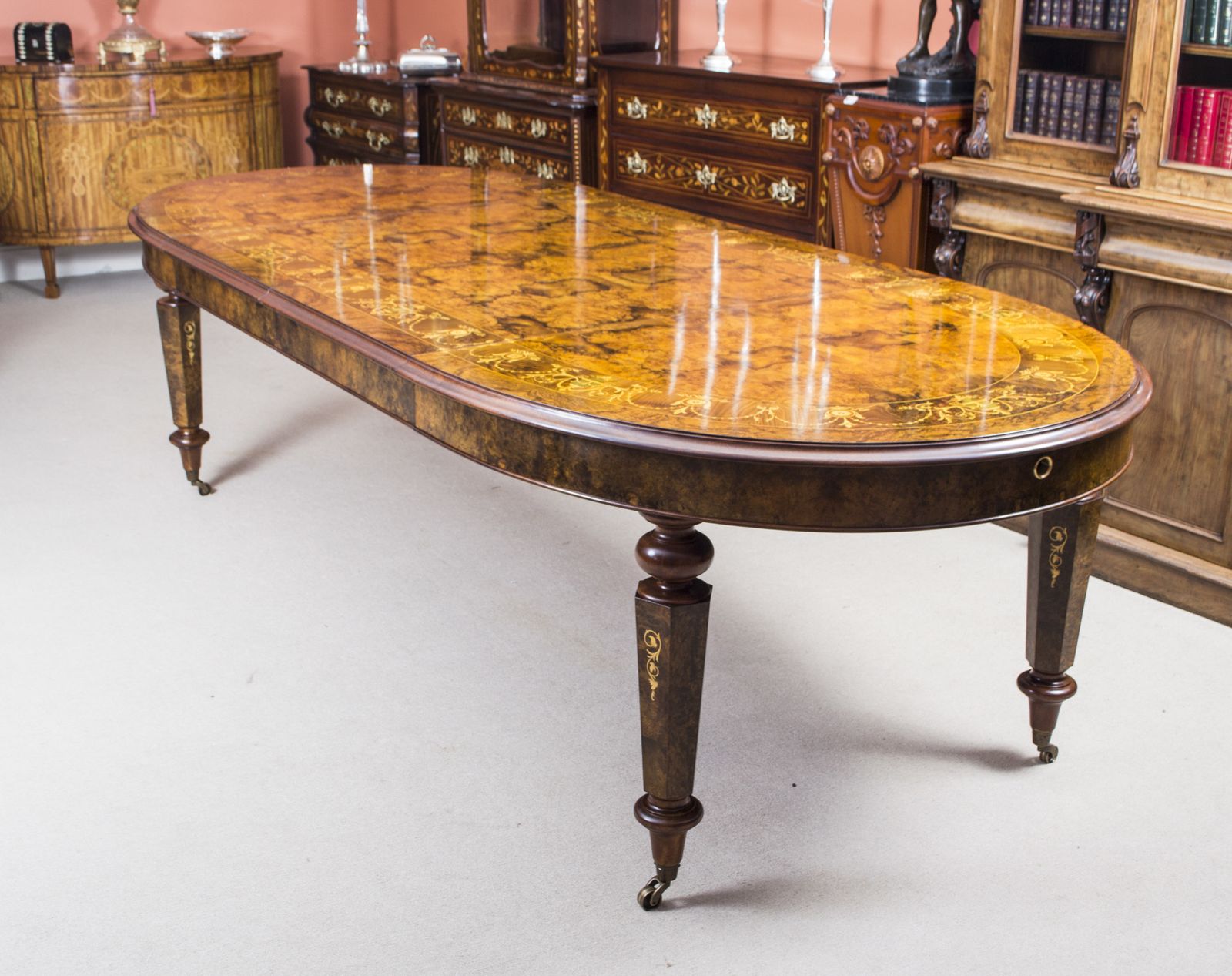 Stunning Burr Walnut Marquetry Dining Table 10 Chairs photo vinterior