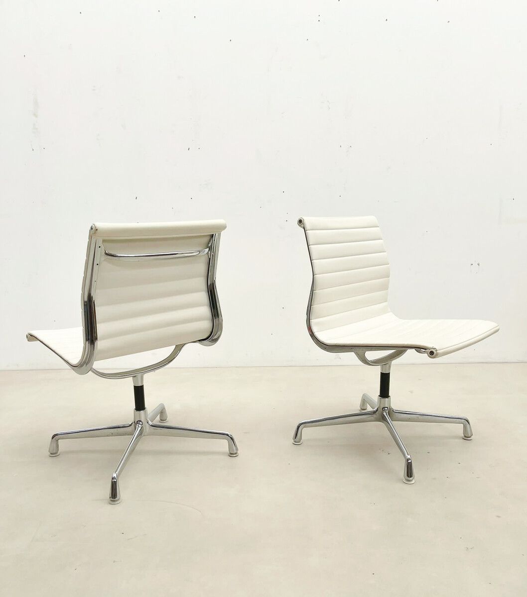 Pair Of White Vegan Leather Desk Chairs By Charles Eames For Herman Miller