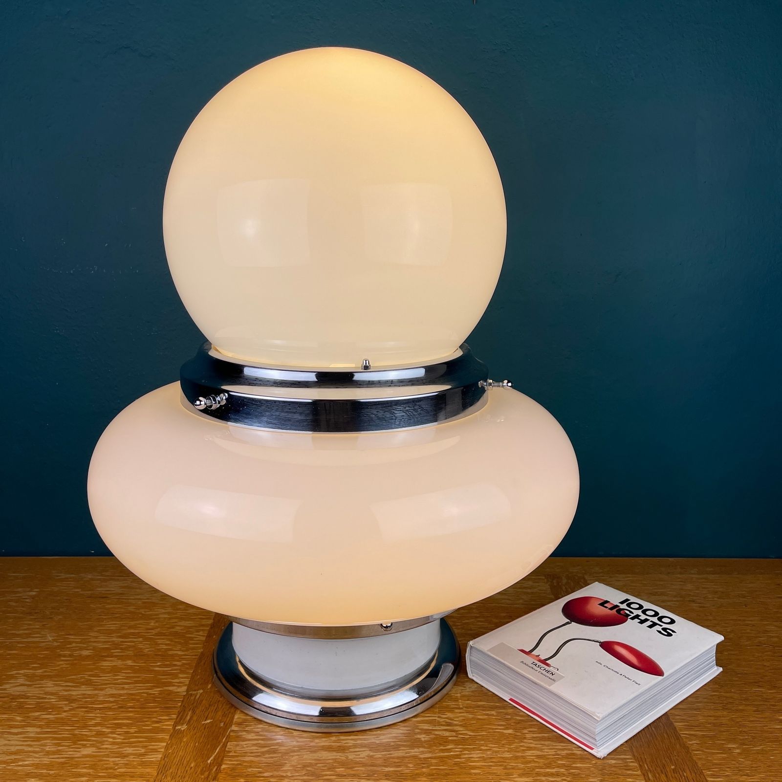Large White Opaline Glass Table Lamp Ufo Italy 1970s photo furniture