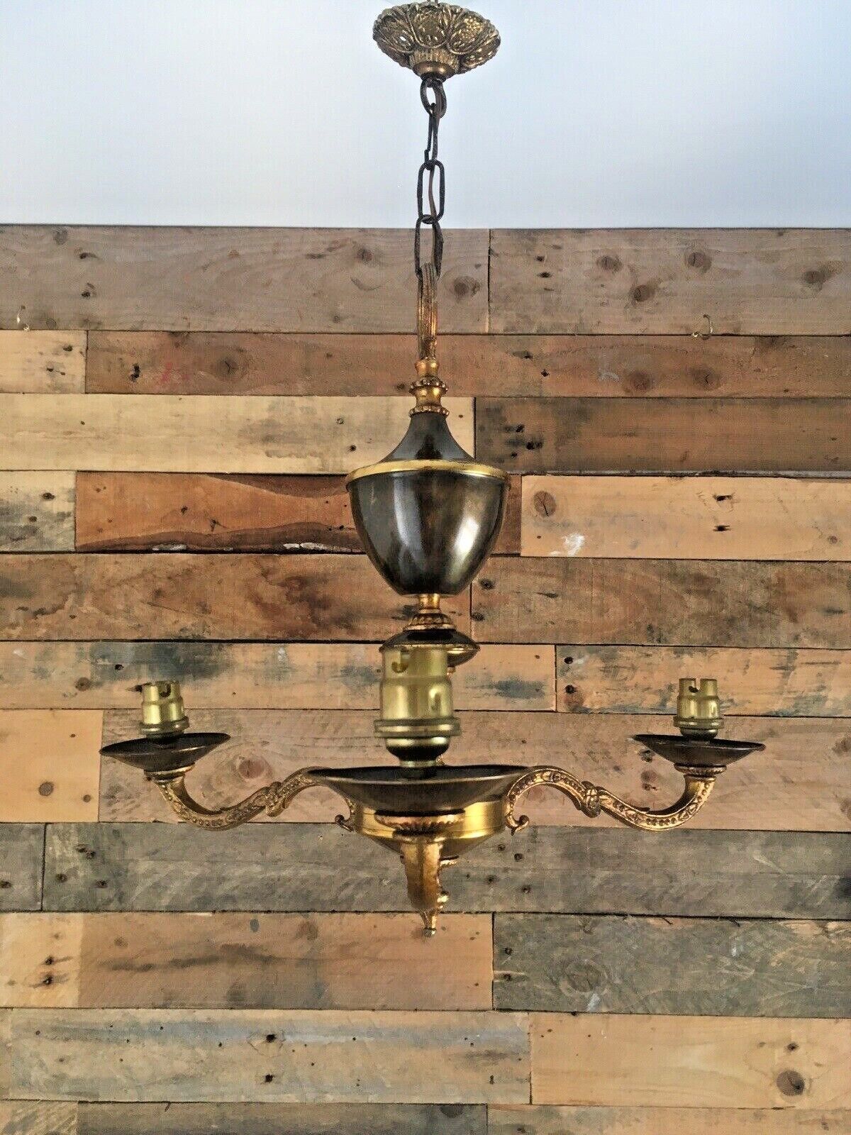 1950's French Regency Gilt Metal Toleware 3 Arm Chandelier Sconce Ceiling Light